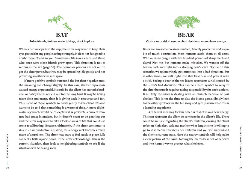 Hardcover book titled "Reading Tea Leaves" by Insight Editions, featuring an open book with tea leaves on the pages.