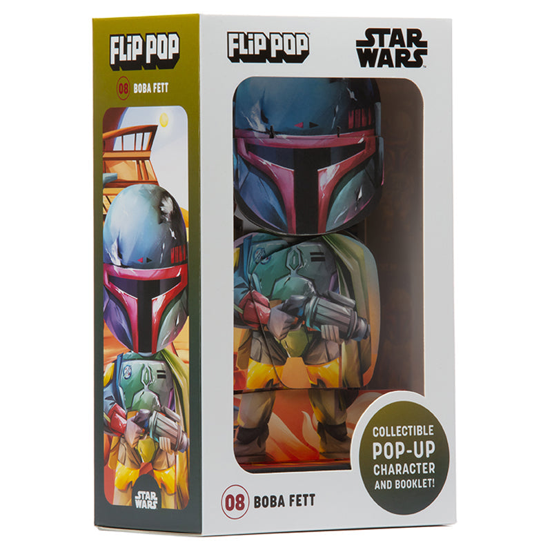 Hardcover Star Wars Flip Pop book featuring Boba Fett from Insight Editions with colorful pop-up artwork.