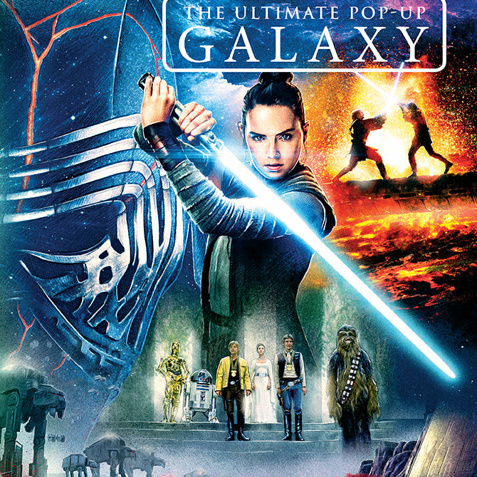Hardcover copy of Star Wars: The Ultimate Pop-Up Galaxy by Insight Editions, featuring detailed space-themed pop-up illustrations.