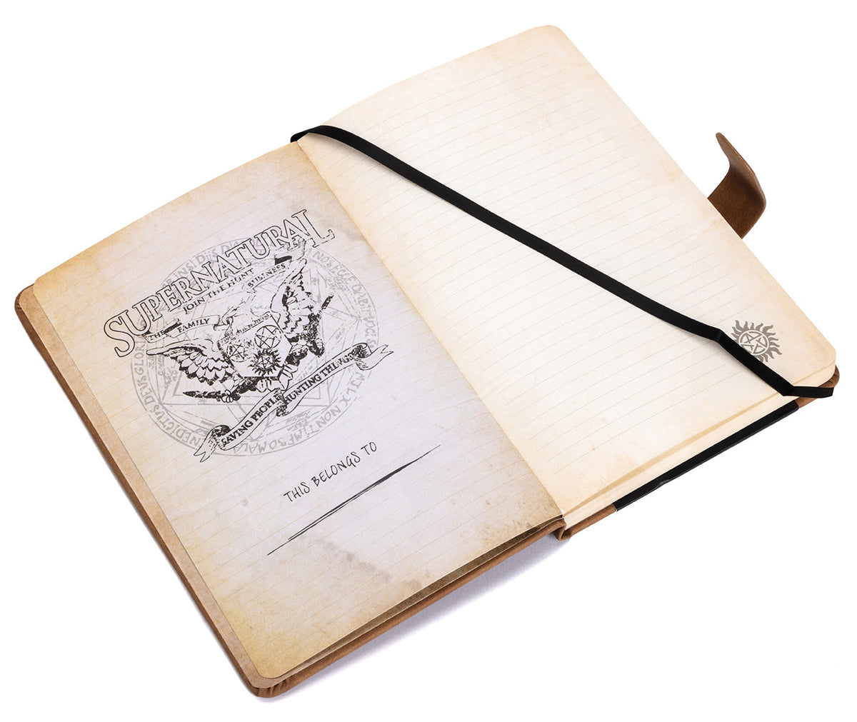 Interior page of the Supernatural Join the Hunt hardcover journal by Insight Editions, featuring themed writing prompts and decorative pages