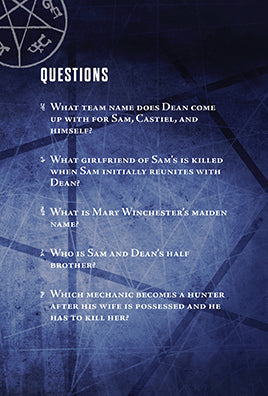 Inside view of the hardcover Supernatural Pop Quiz Trivia Deck by Insight Editions, showing colorful cards and interior design elements.