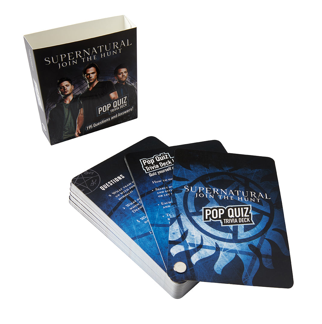 Interior of the hardcover Supernatural Pop Quiz Trivia Deck by Insight Editions, featuring colorful cards and game details.