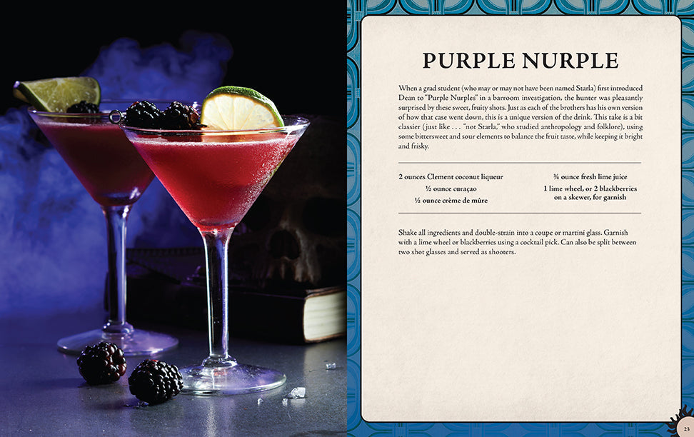 Open hardcover of Supernatural: The Official Cocktail Book by Insight Editions, showing illustrated cocktail recipes inside.