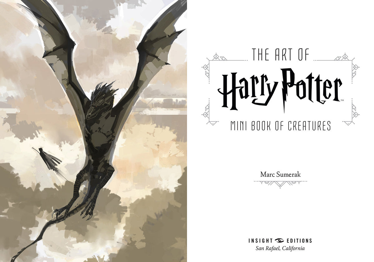 Open hardcover book titled The Art of Harry Potter: Mini Book of Creatures by Insight Editions, featuring illustrated pages of magical creatures.