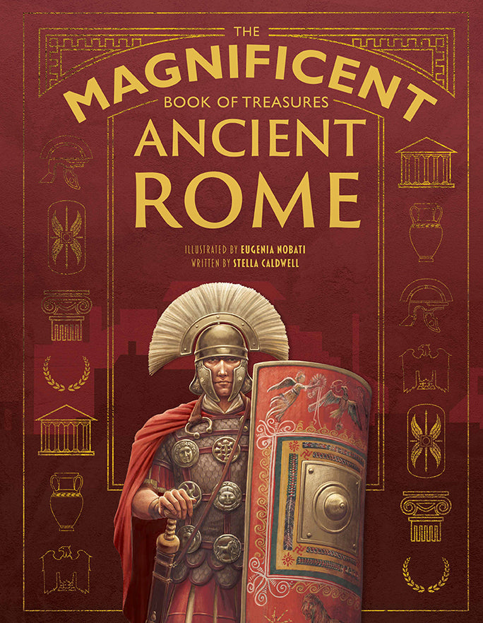 Hardcover book titled "The Magnificent Book of Treasures: Ancient Rome" by Insight Editions, featuring ancient Roman artifacts and illustrations.