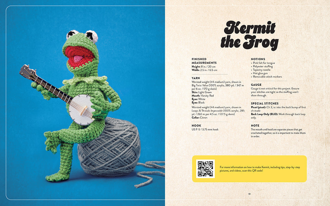 Hardcover book titled "The Muppets Official Crochet Amigurumi" by Insight Editions, featuring colorful Muppets characters on the cover.