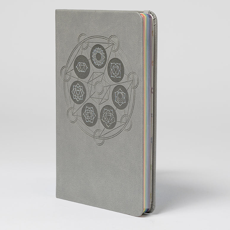 Open hardcover book titled "The Seven Chakras" by Insight Editions, showing colorful chakra illustrations on interior pages.