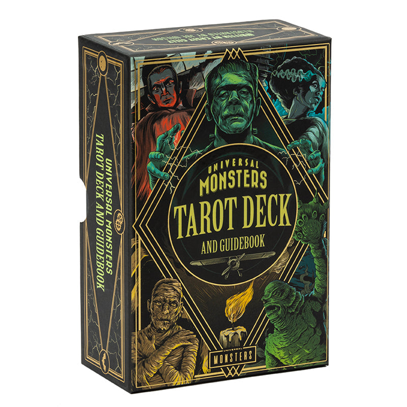 Hardcover Universal Monsters Tarot Deck and Guidebook by Insight Editions featuring spooky monster-themed illustrations on the cover.