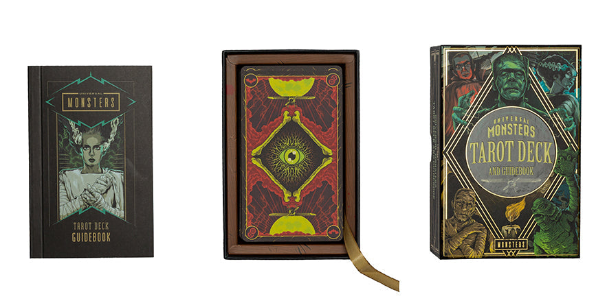 Inside view of the hardcover Universal Monsters Tarot Deck and Guidebook by Insight Editions, featuring illustrated tarot cards and guide pages.