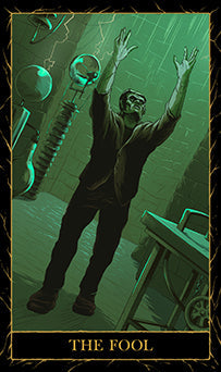 Inside view of the hardcover Universal Monsters Tarot Deck and Guidebook by Insight Editions, showing illustrated tarot cards and guide pages.