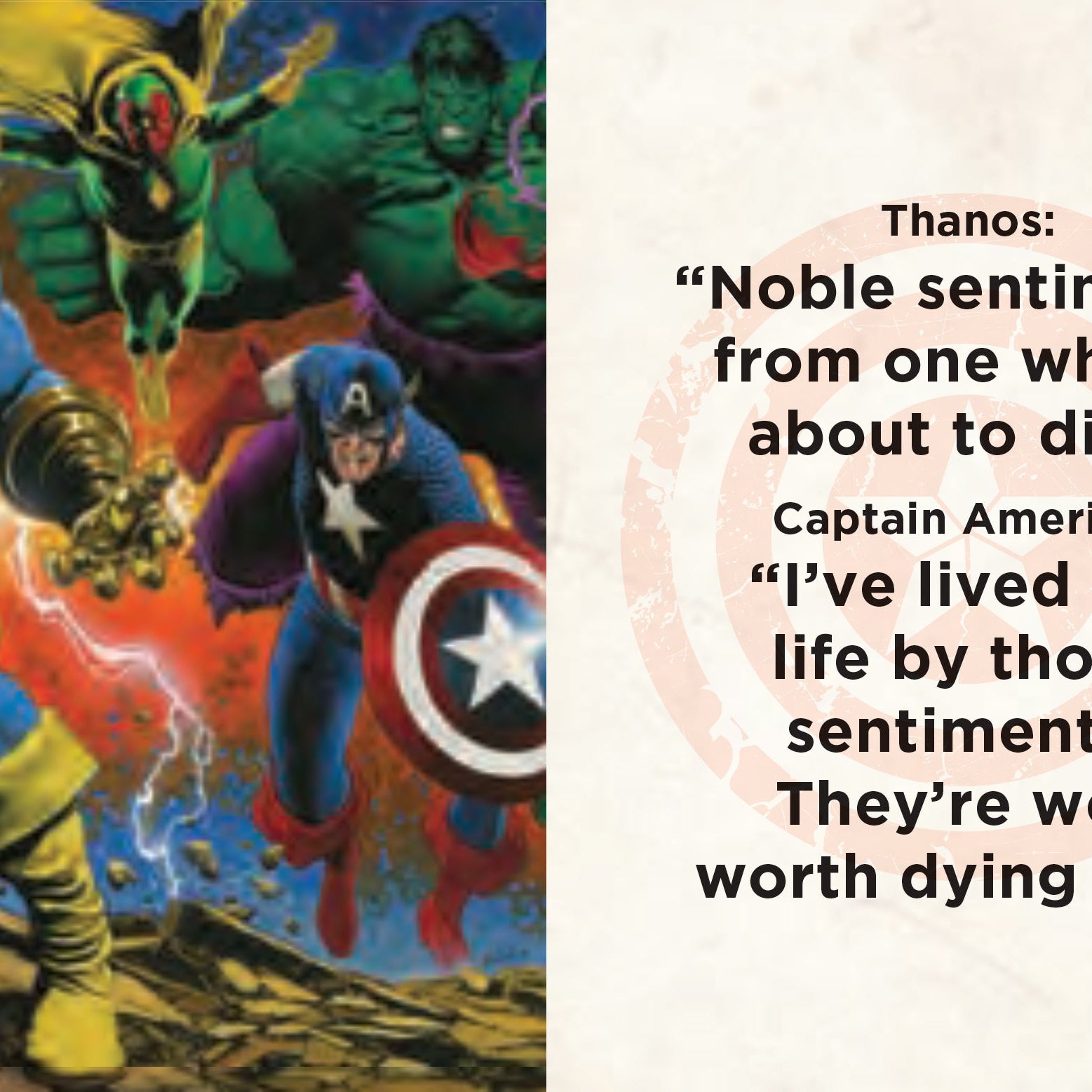 Hardcover book with jacket featuring Marvel Comics Captain America, showcasing inspirational quotes from the First Avenger by Insight Editions.