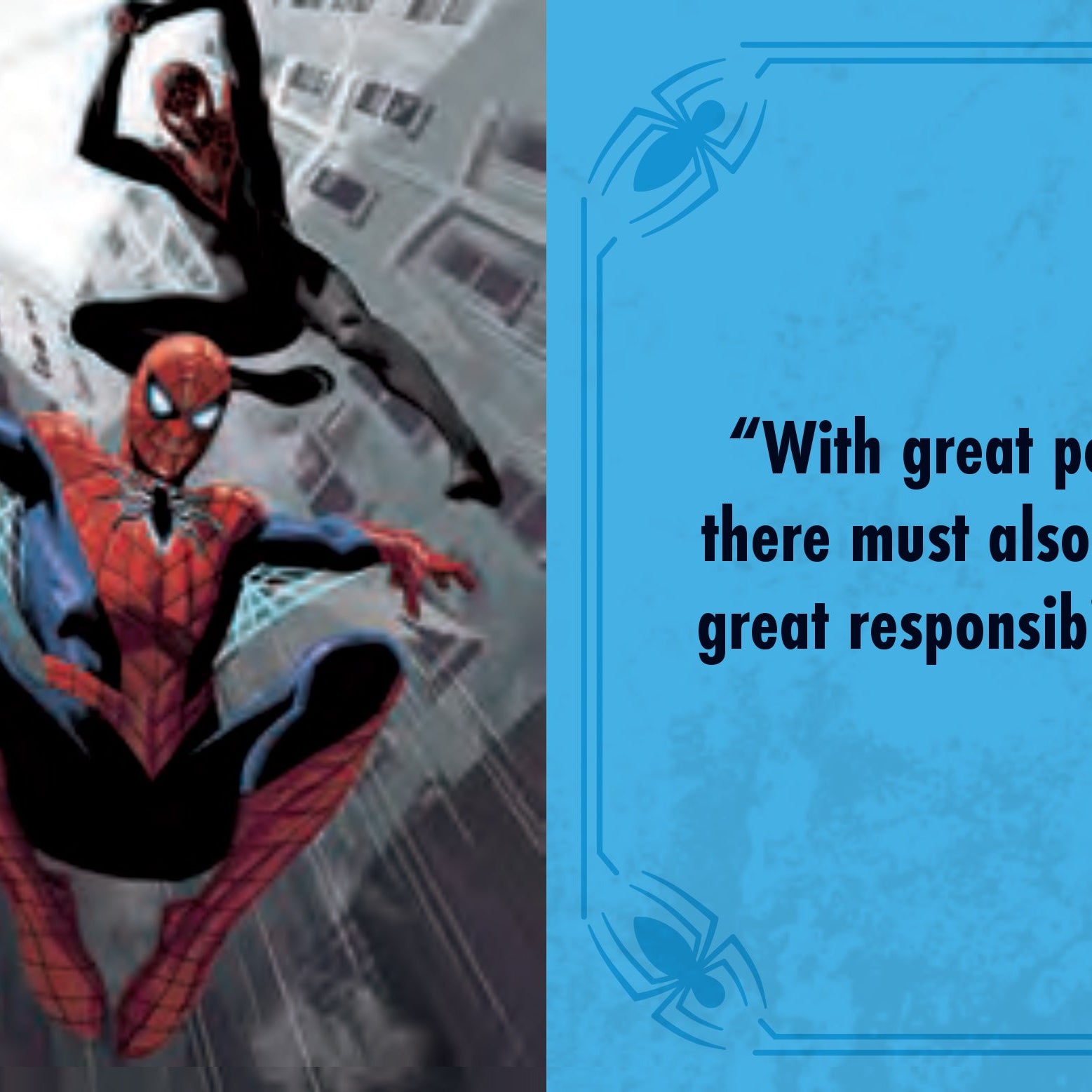 Hardcover book with jacket featuring Marvel Comics Spider-Man quotes and quips, showcasing Spider-Man in dynamic pose.