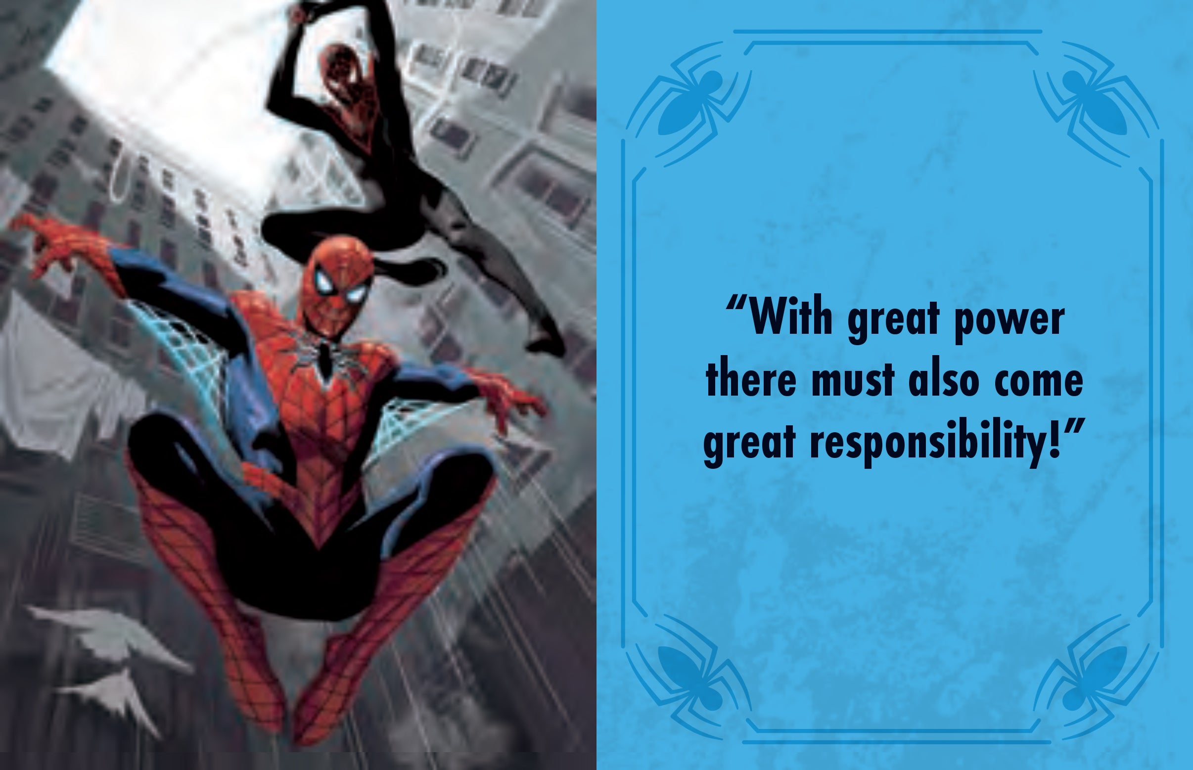 Hardcover book with jacket featuring Marvel Comics Spider-Man quotes and quips, showcasing Spider-Man in dynamic pose.