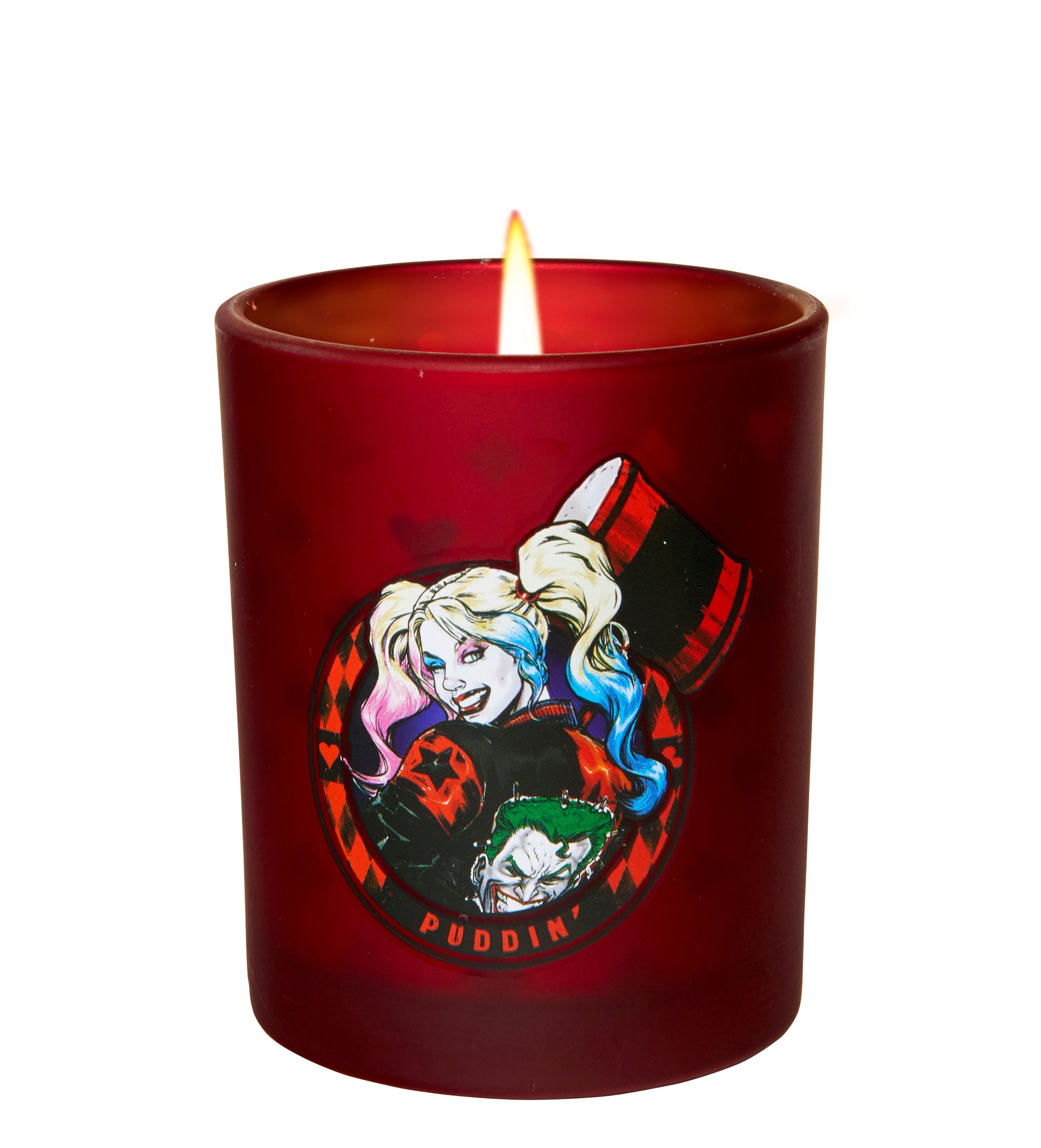 Harley Quinn glass votive candle from DC Comics, featuring a detailed design, ideal for home decor or collectible display.