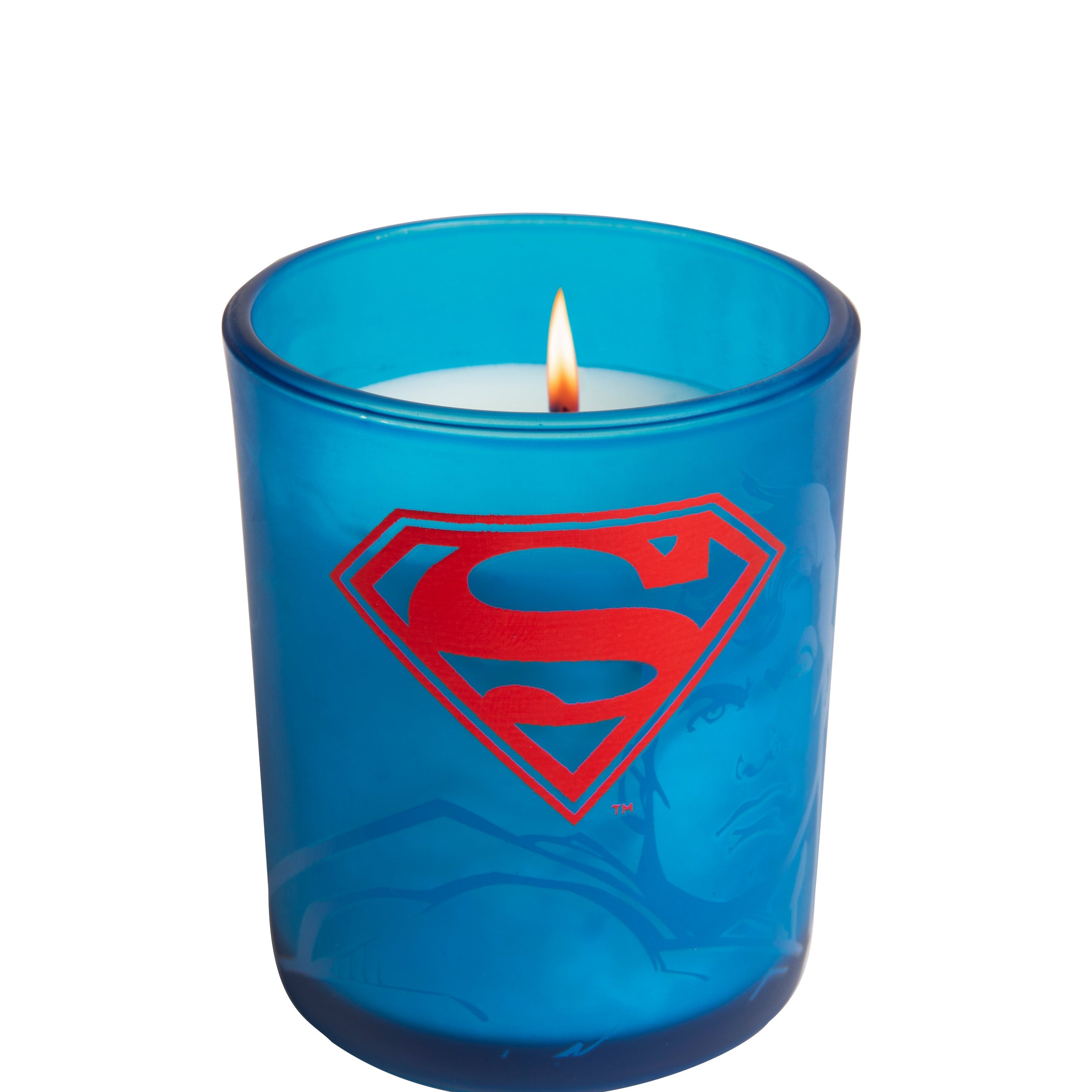 Superman glass votive candle featuring DC Comics branding, ideal for home decor and candle display.