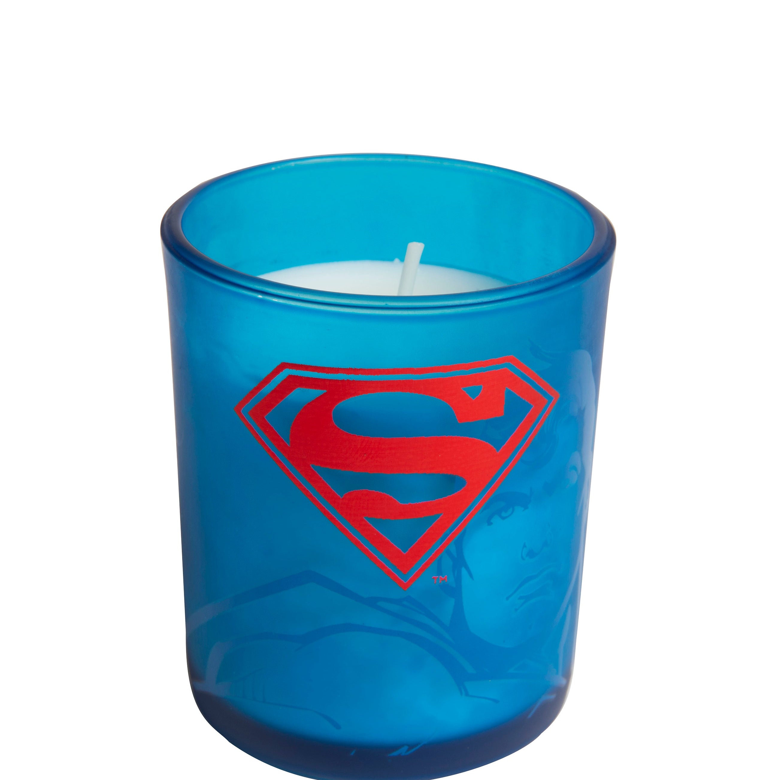 Superman glass votive candle from DC Comics, featuring a Superman design, ideal for home decor and collectibles.
