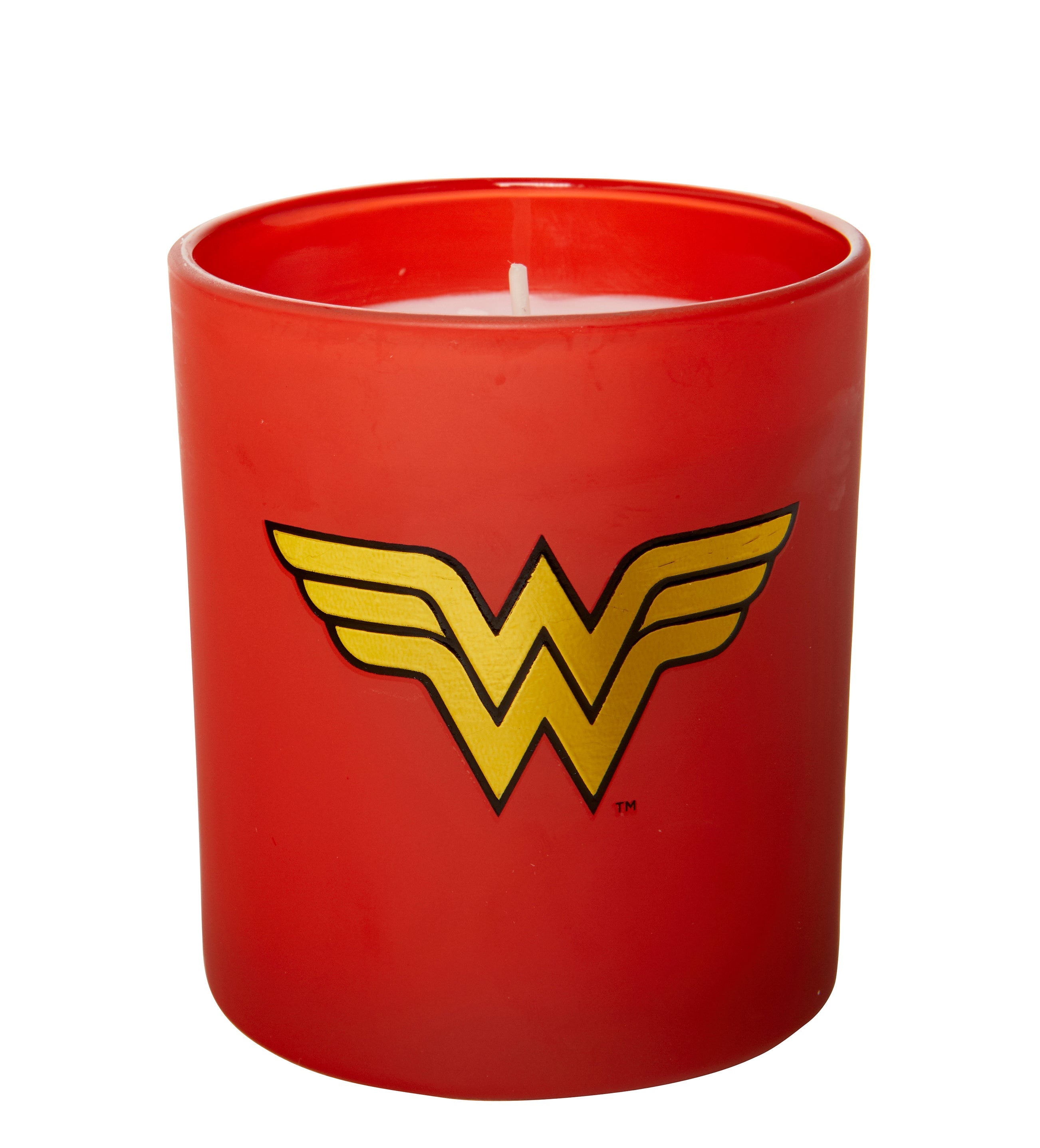 Wonder Woman glass candle by Insight Editions featuring Wonder Woman logo and design, ideal for home decor or gift.