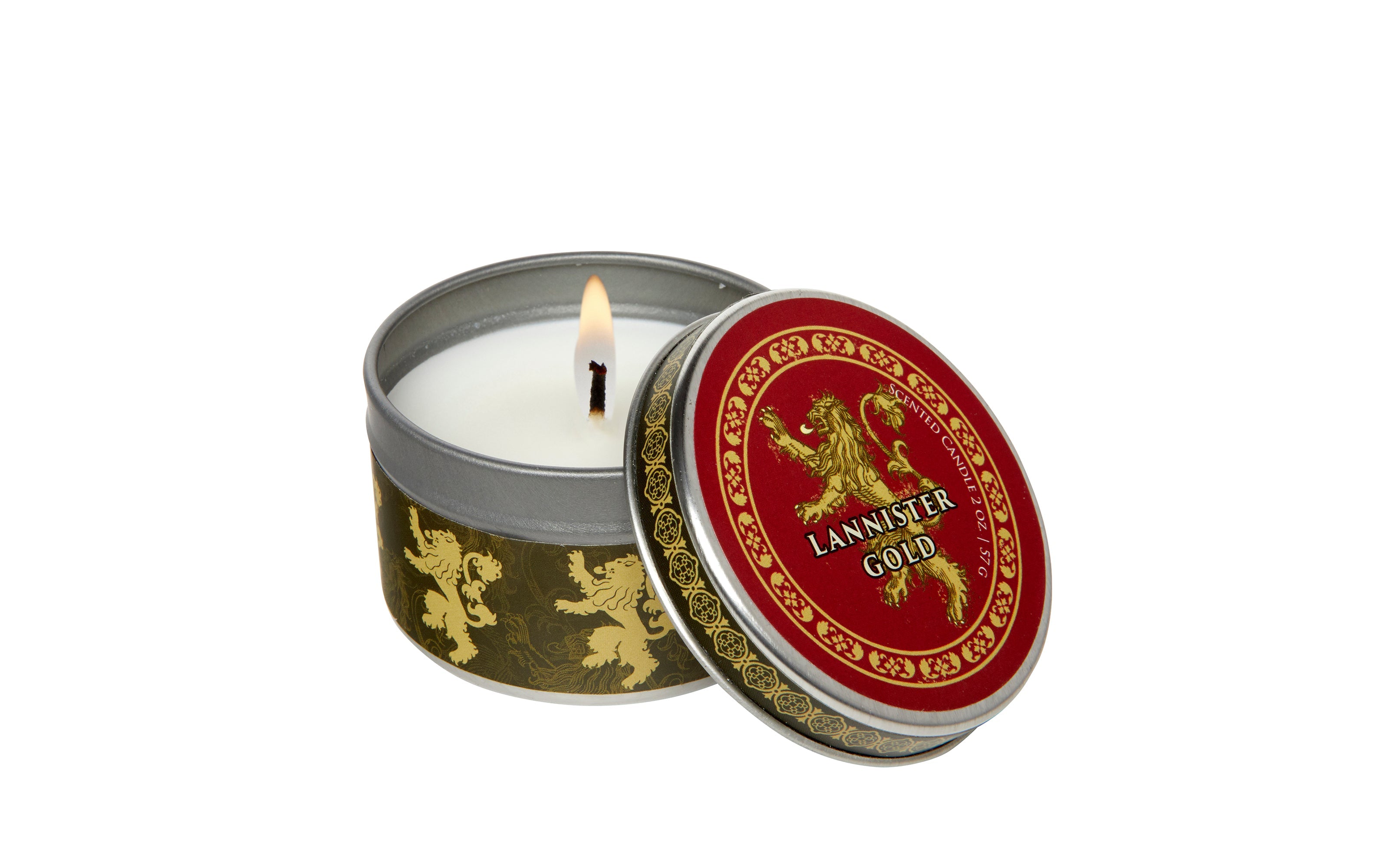 Lannister scented candle from Game of Thrones, 2 oz., with cinnamon fragrance, in a decorative home goods container.