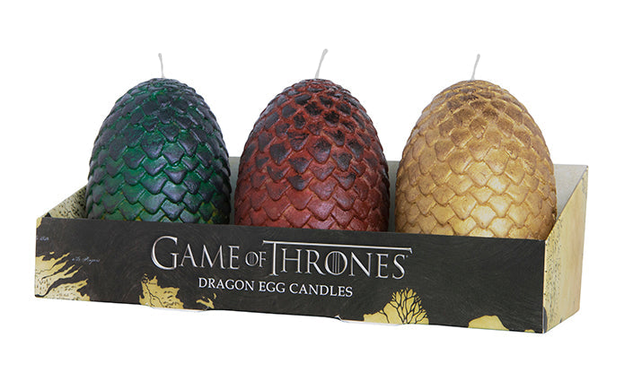 Set of three Game of Thrones sculpted dragon egg candles by Insight Editions, featuring detailed, textured dragon egg designs.