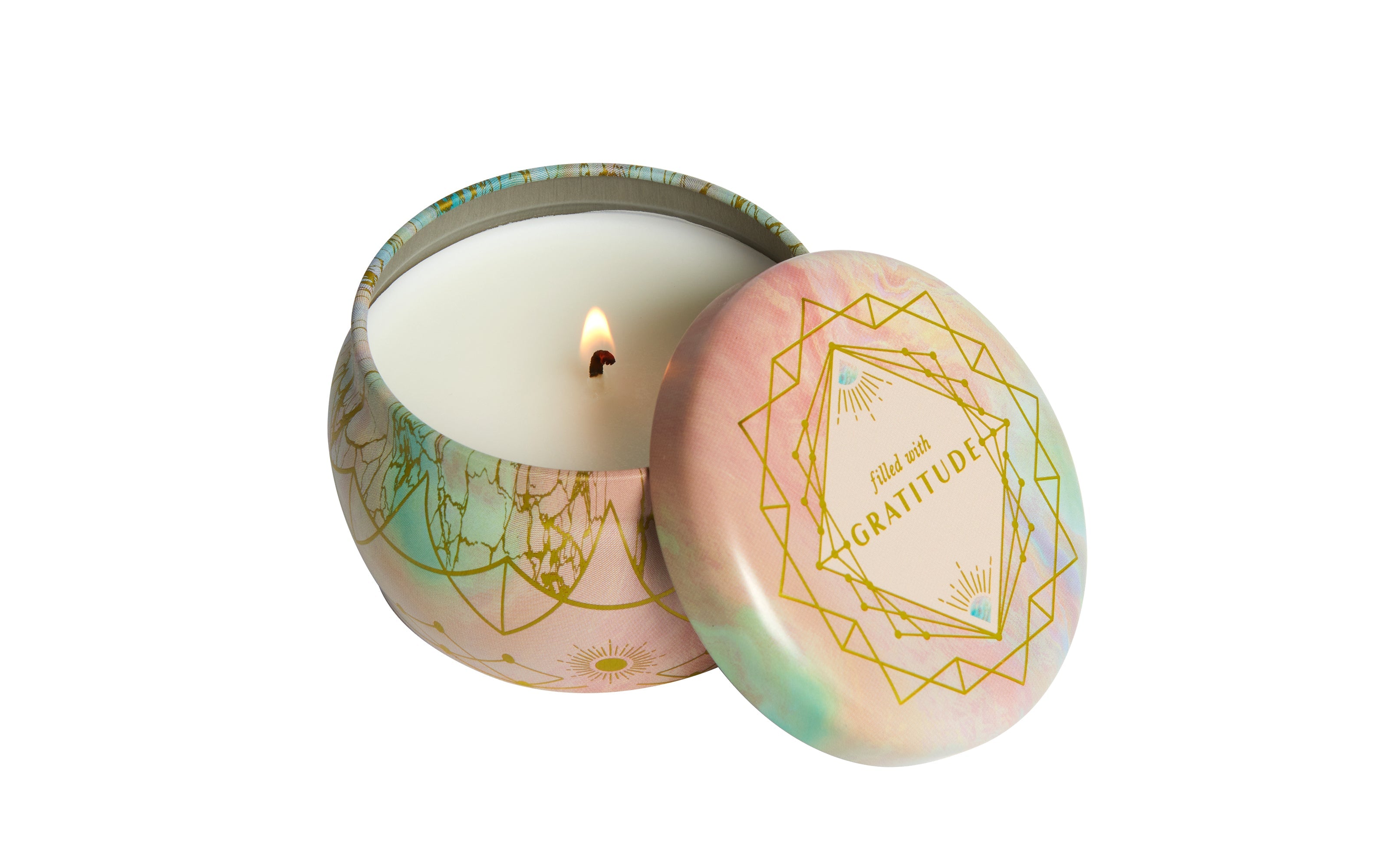 Insight Editions Gratitude scented tin candle, home decor with a warm, calming design and natural wax finish.