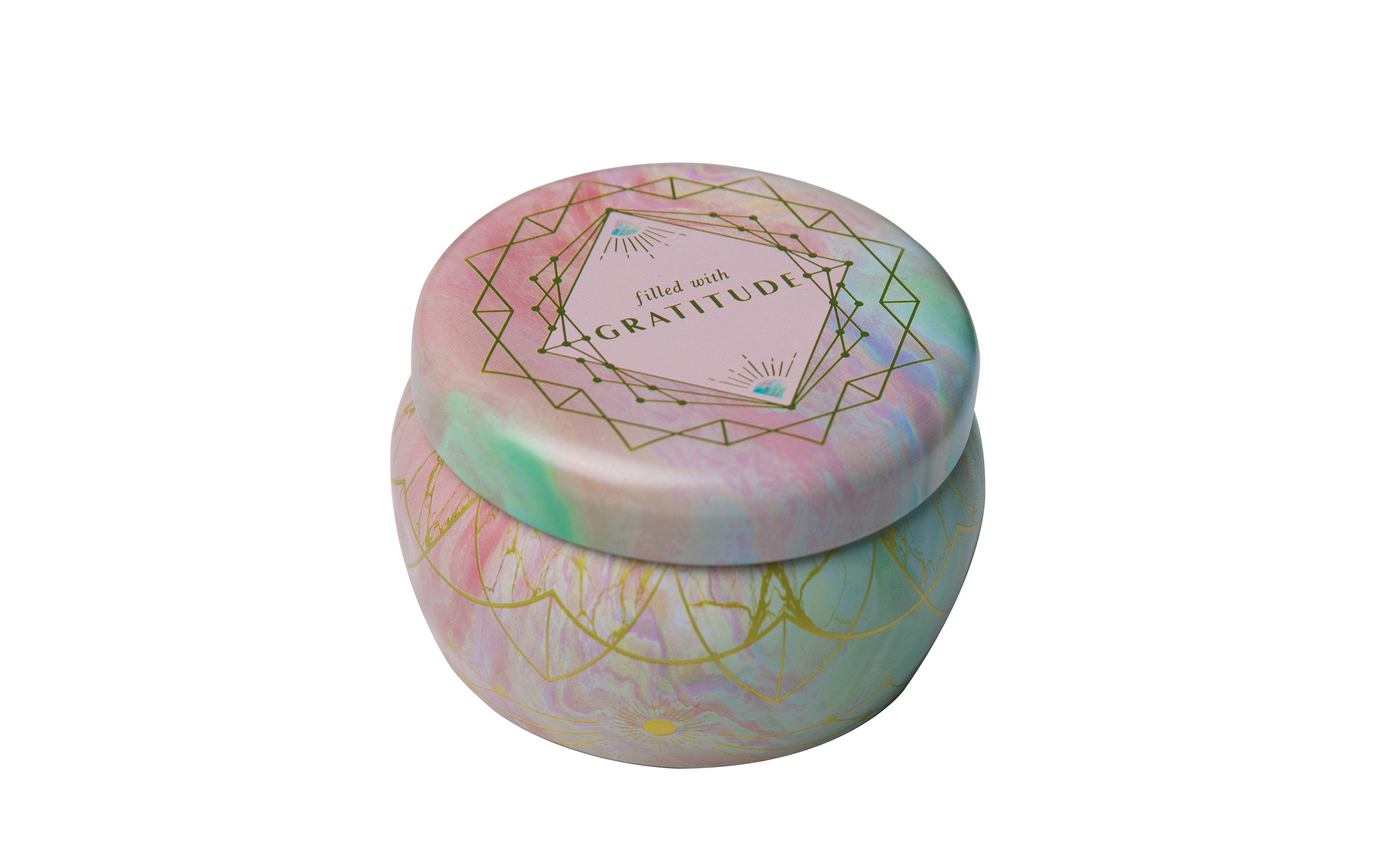 Insight Editions Gratitude scented tin candle, cozy home decor with a warm, inviting aroma in a compact metal container.