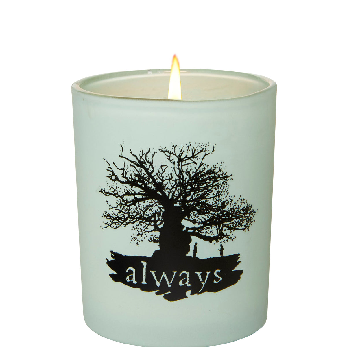 Harry Potter "Always" glass votive candle from Insight Editions, featuring a clear glass holder with magical Harry Potter-themed design.