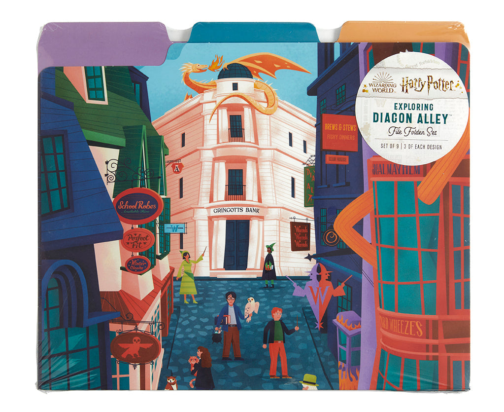 Set of nine Harry Potter Diagon Alley file folders by Insight Editions, featuring magical wizarding world designs for home organization.