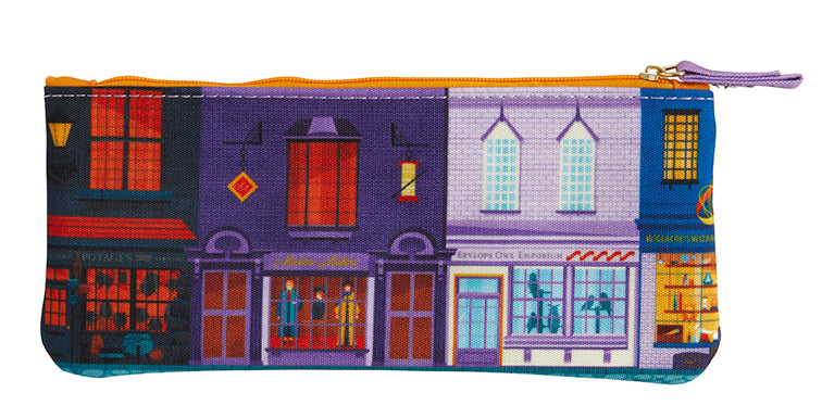 Interior view of the Harry Potter Exploring Diagon Alley pencil pouch by Insight Editions, featuring colorful design and multiple compartments.