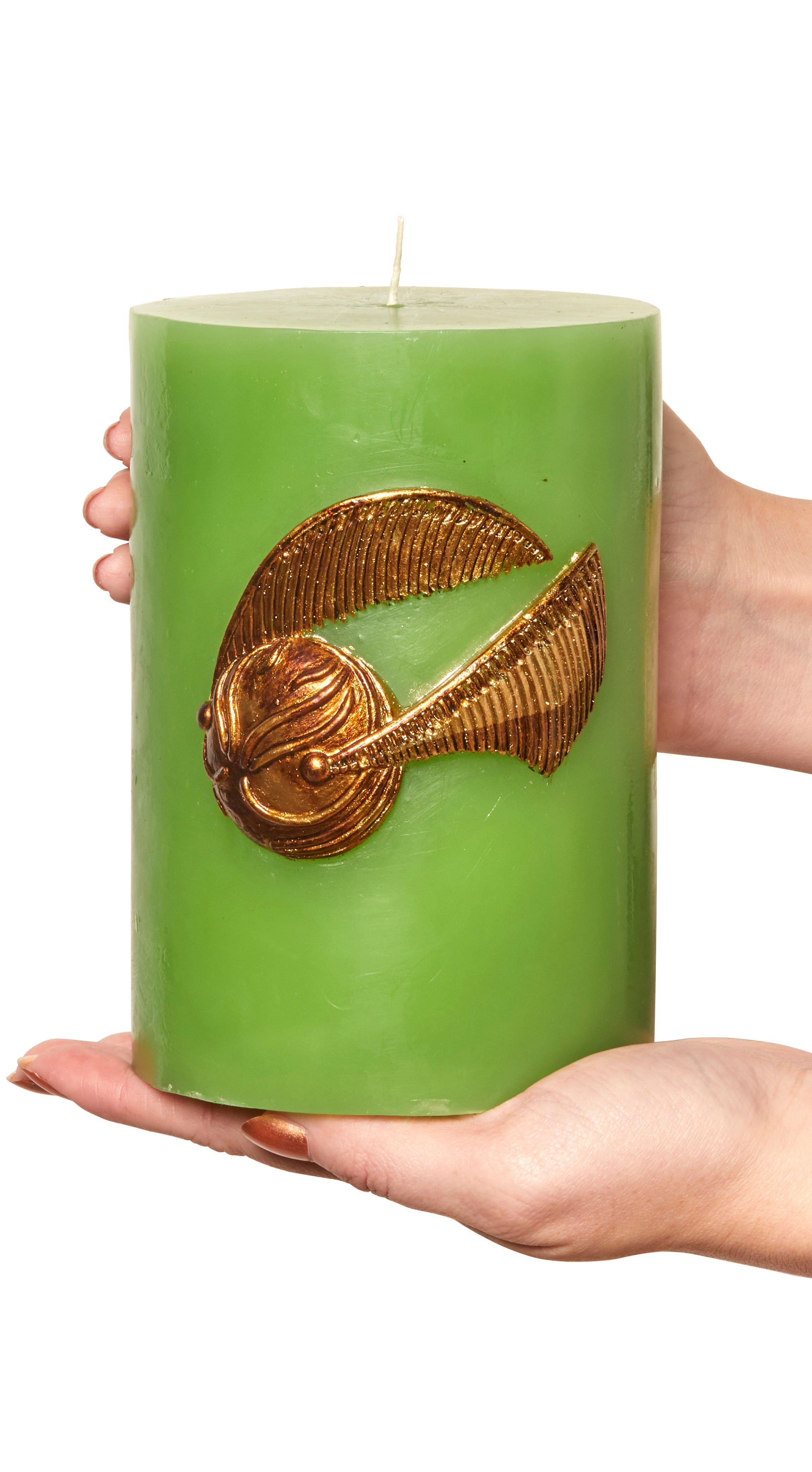 Harry Potter Golden Snitch sculpted insignia candle, detailed home decor item, featuring a gold-colored Snitch design from Insight Editions.