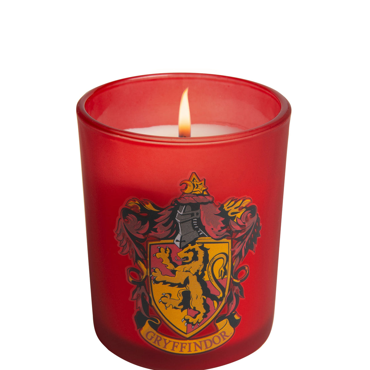 Gryffindor glass votive candle from Harry Potter home goods collection by Insight Editions, featuring a Hogwarts house design.