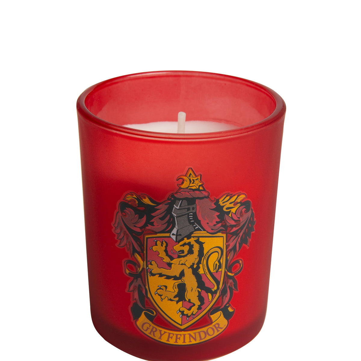 Gryffindor glass votive candle from Harry Potter home goods collection by Insight Editions, featuring a decorative house emblem.