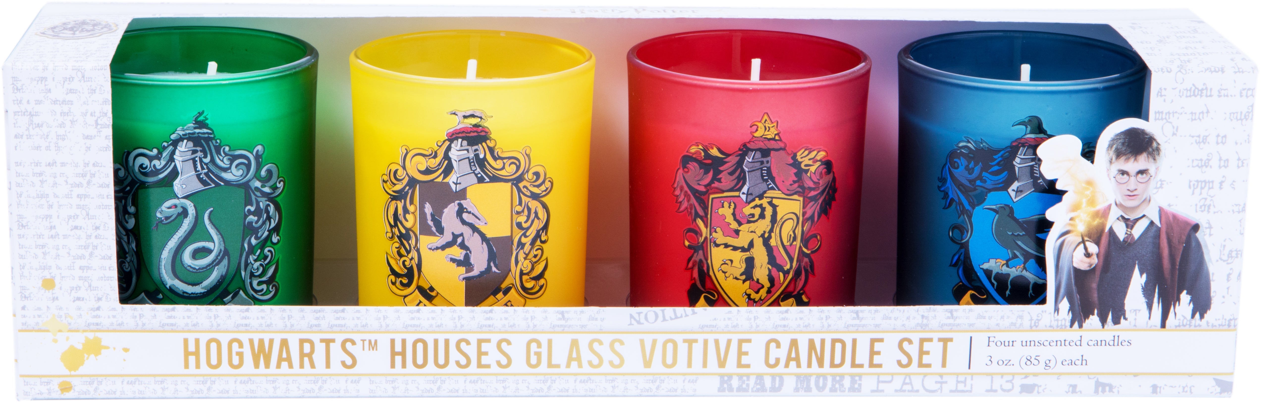 Harry Potter Hogwarts Houses glass votive candle set featuring four colorful glass candles representing each house.