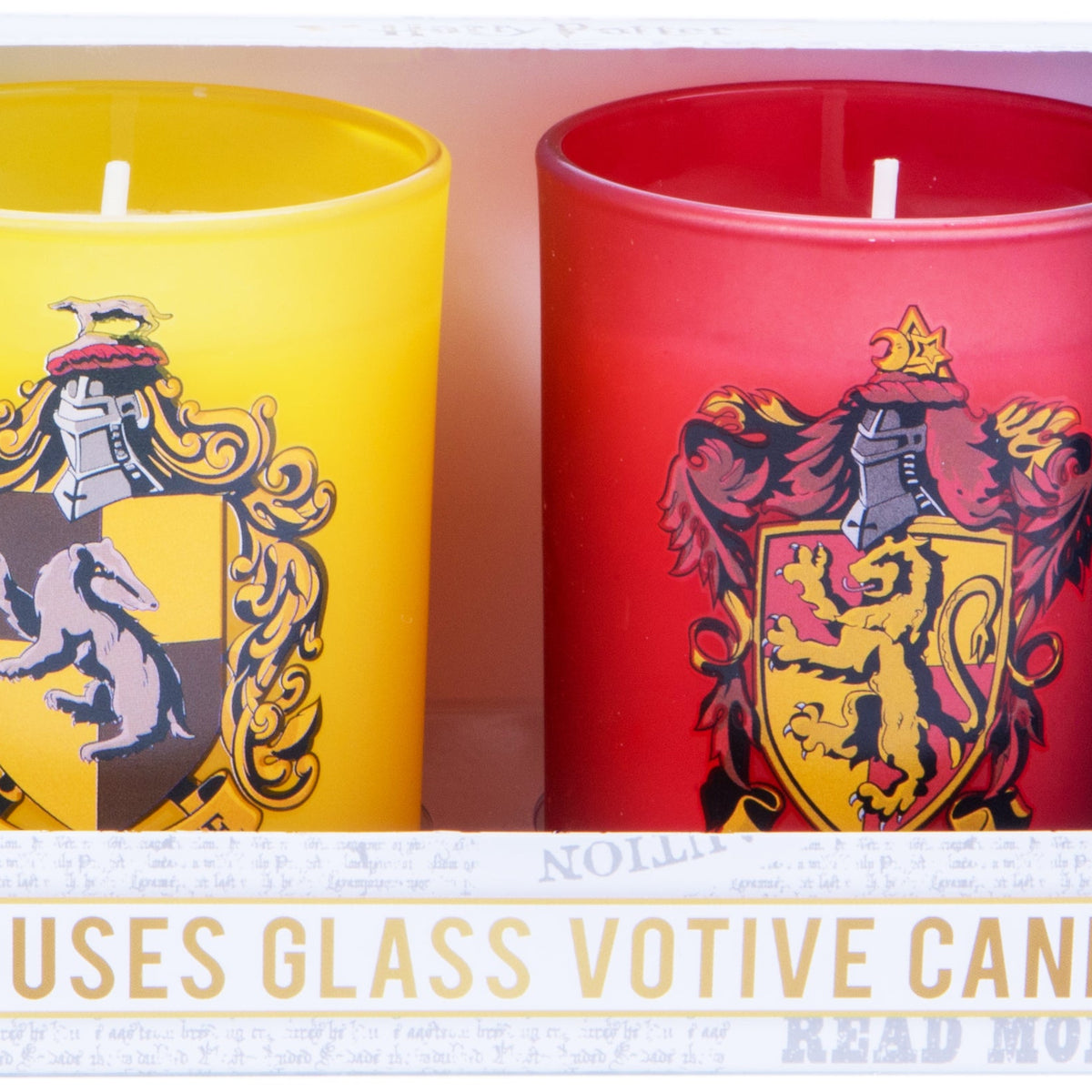 Harry Potter Hogwarts Houses glass votive candle set from Insight Editions, featuring four colorful house-themed candles.