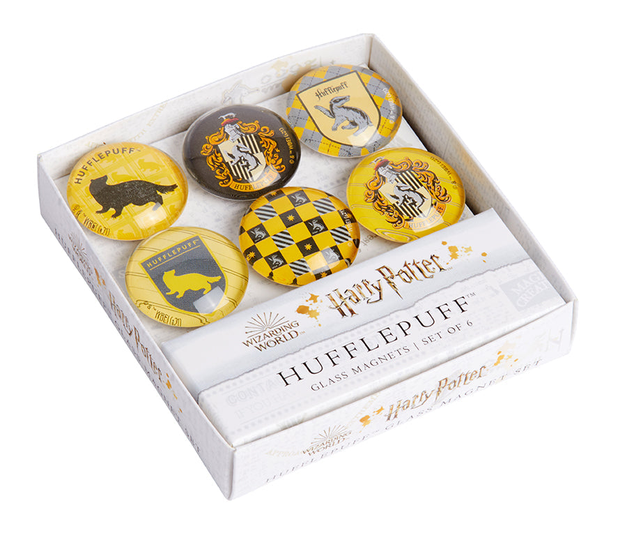 Set of six Harry Potter Hufflepuff glass magnets featuring house symbols, perfect for home decor or magnetic surfaces.