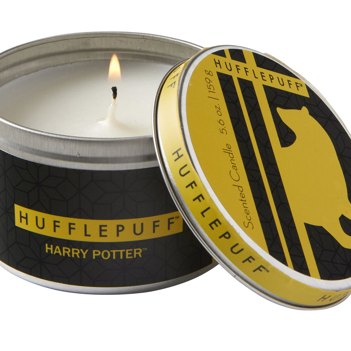 Hufflepuff scented candle from Harry Potter series in a 5.6 oz jar, featuring Hufflepuff branding and warm decorative design.