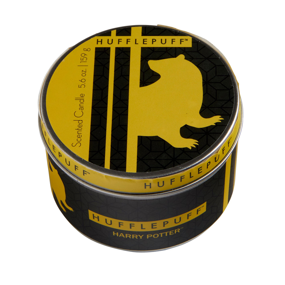 Hufflepuff scented candle in a 5.6 oz jar, featuring Harry Potter-themed home decor with Hufflepuff house emblem and warm glow.