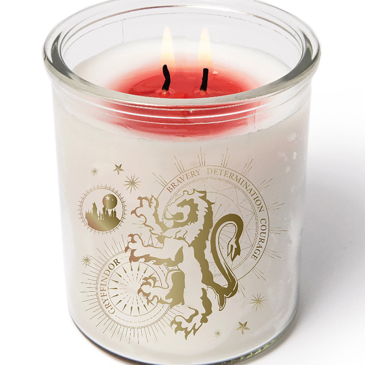 Color-changing Gryffindor candle from Harry Potter home goods by Insight Editions, showing a magical design with warm glow.