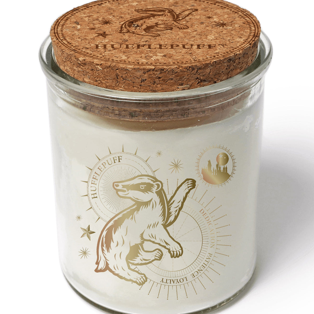 Harry Potter Hufflepuff color-changing candle by Insight Editions, featuring a magical design with warm glow and Hufflepuff emblem.