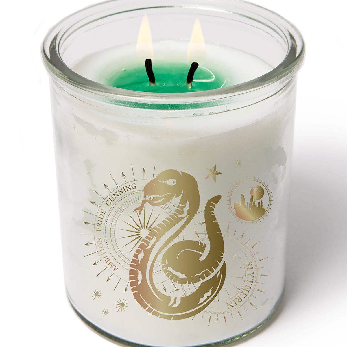 Color-changing Slytherin candle from Harry Potter by Insight Editions, showcasing a magical green-lit candle with Slytherin house emblem.