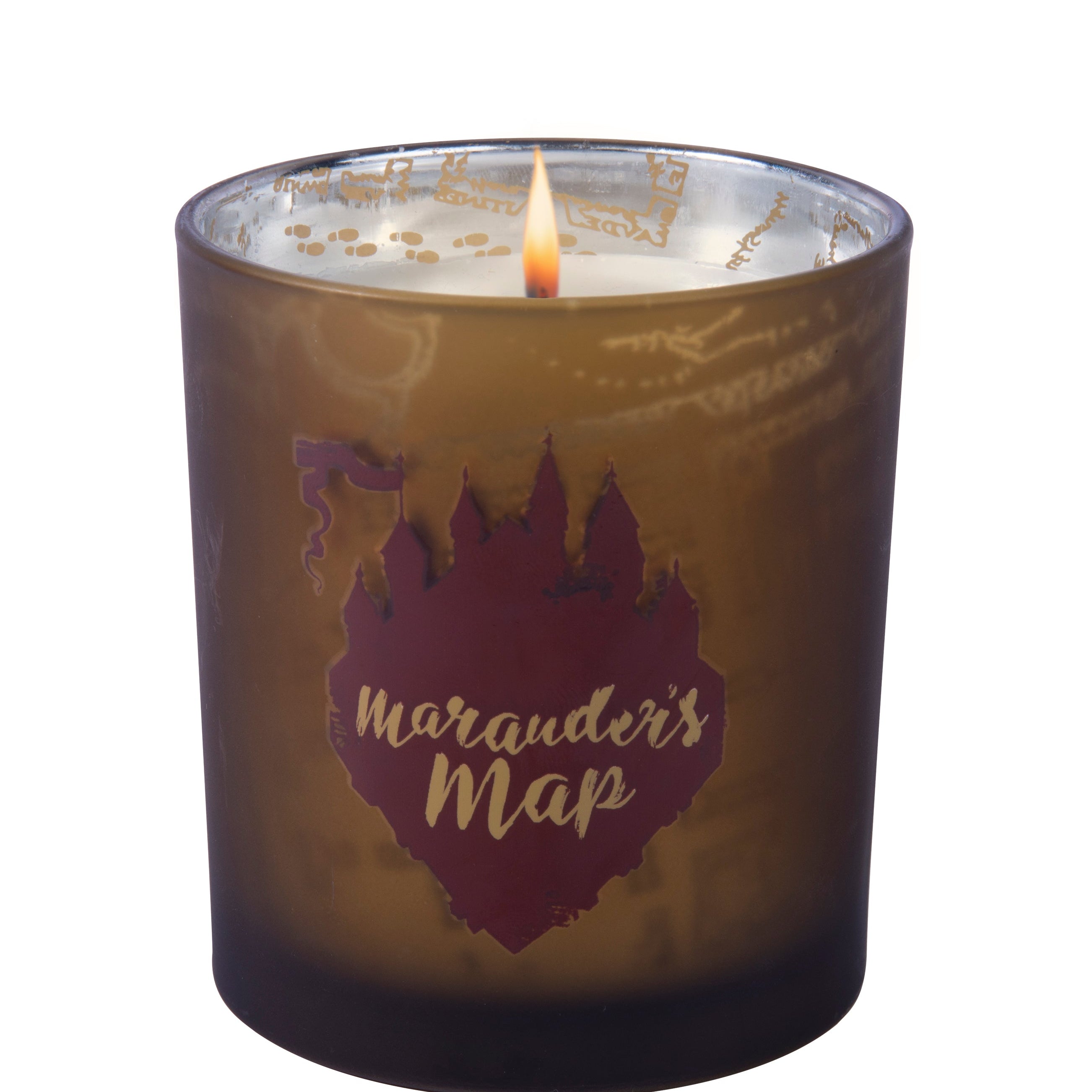 Harry Potter Marauder's Map glass candle from Insight Editions, featuring detailed map design on a clear glass candle holder.
