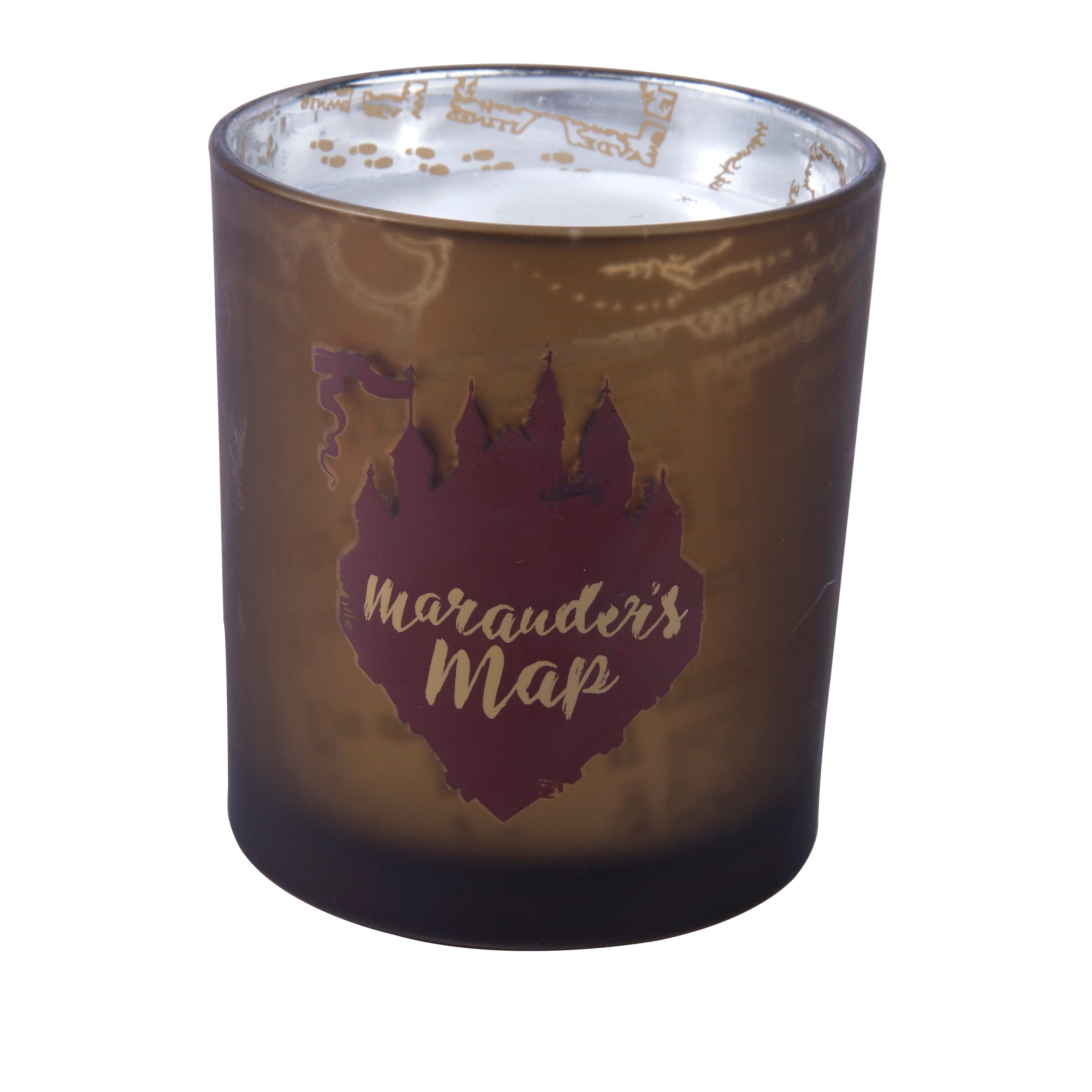 Harry Potter Marauder's Map glass candle from Insight Editions, featuring detailed map design and home decor style.