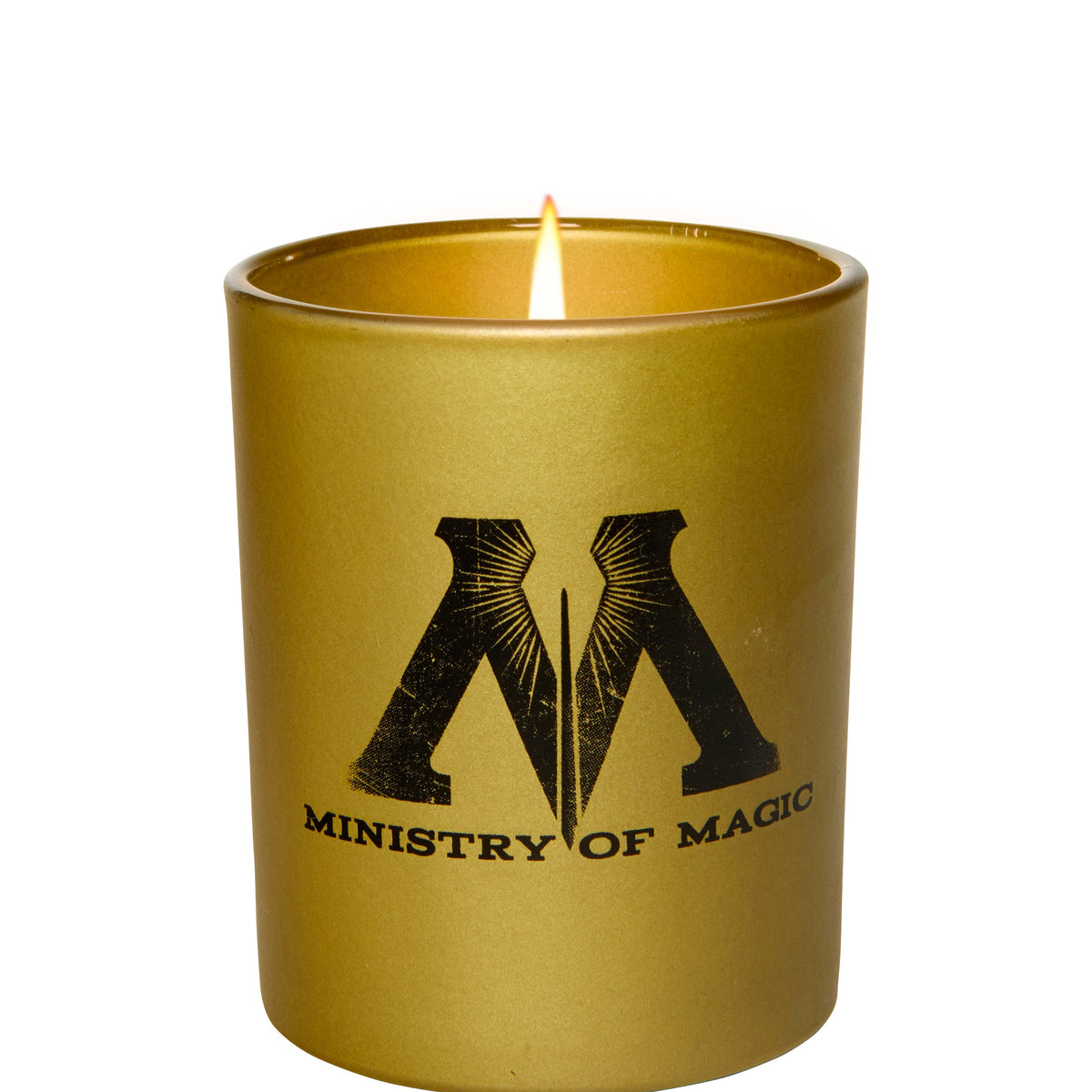 Harry Potter Ministry of Magic glass votive candle by Insight Editions, featuring magical symbols and intricate design.