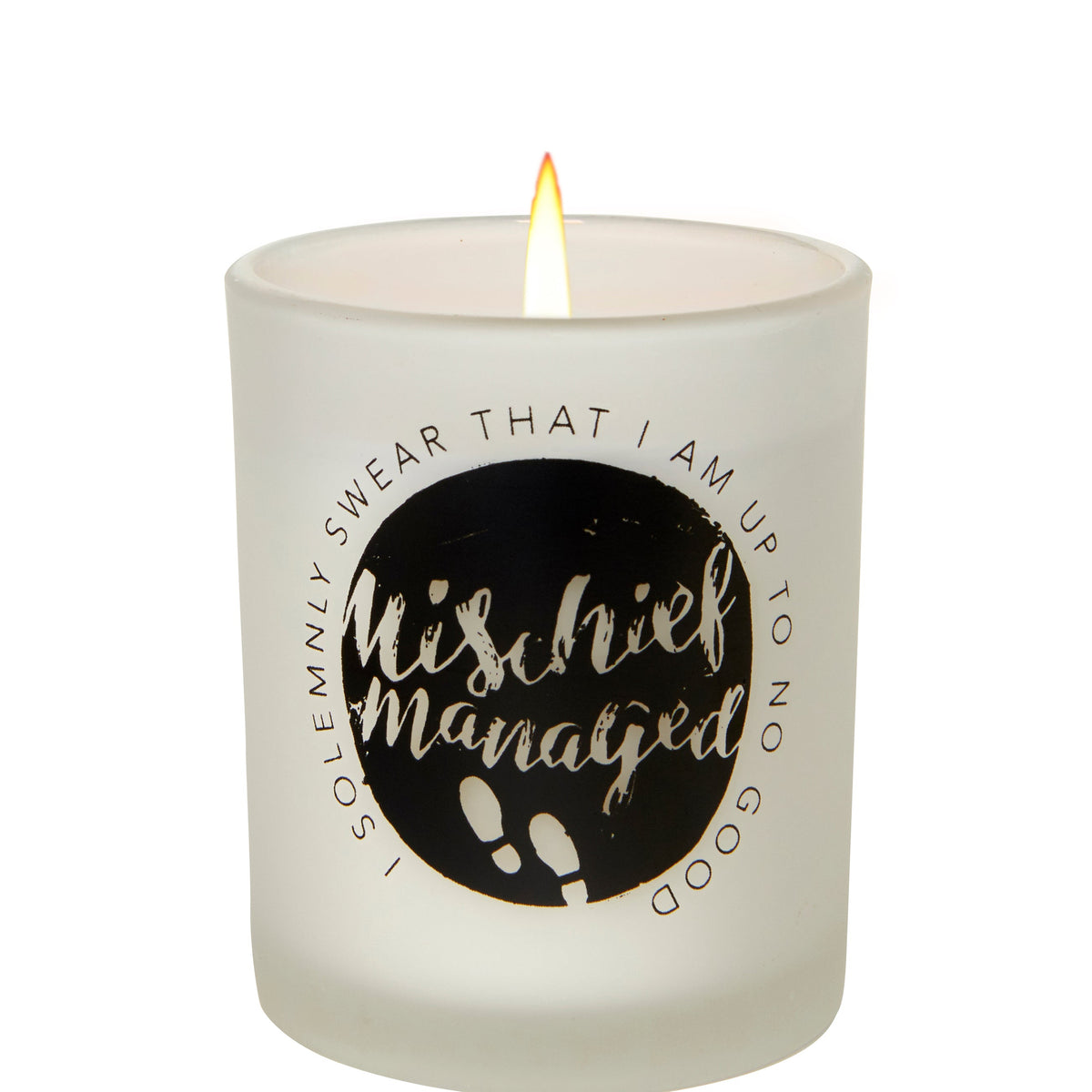 Harry Potter "Mischief Managed" glass votive candle in a clear glass holder, perfect for magical home decor.