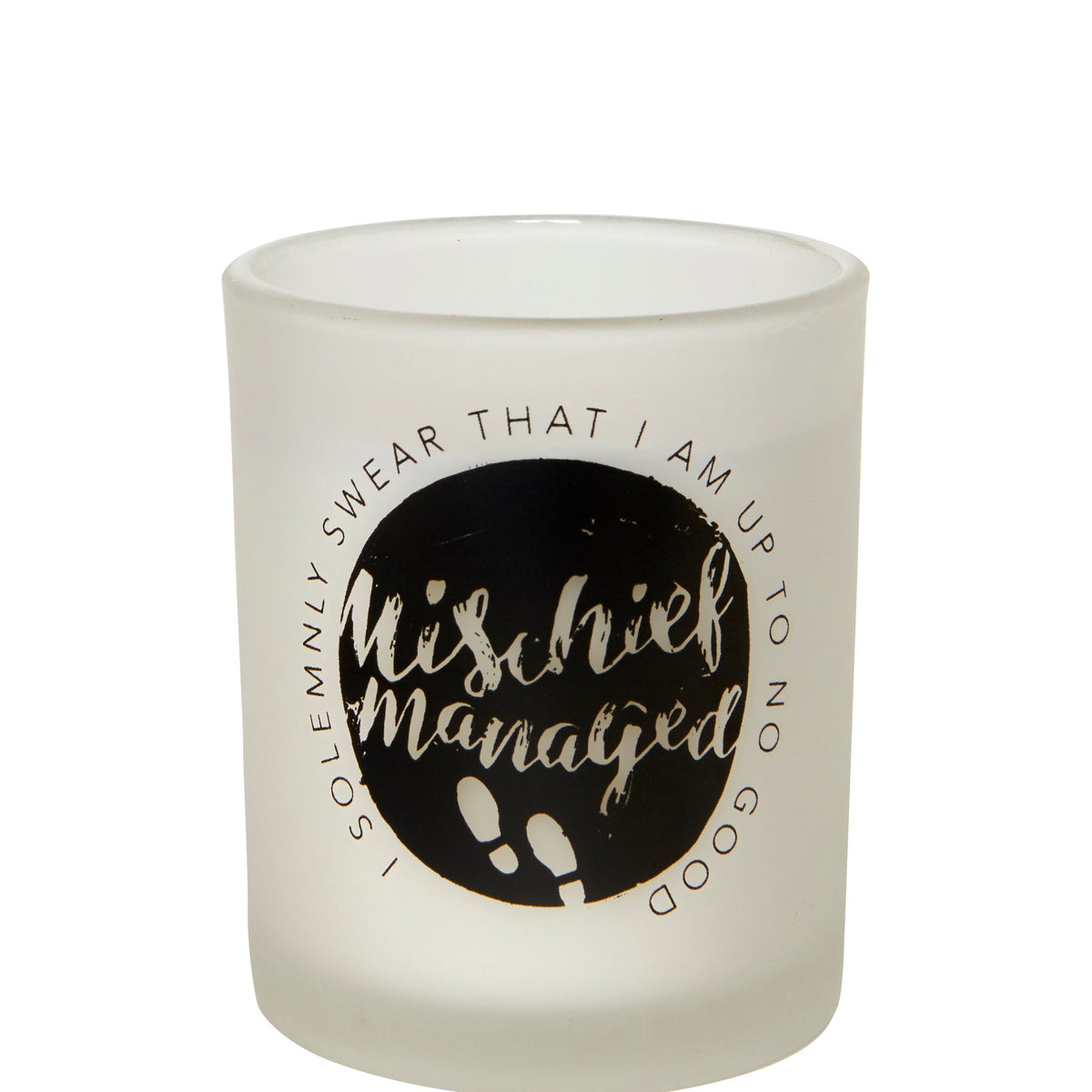 Harry Potter "Mischief Managed" glass votive candle with magical design, ideal for home decor and themed ambiance.
