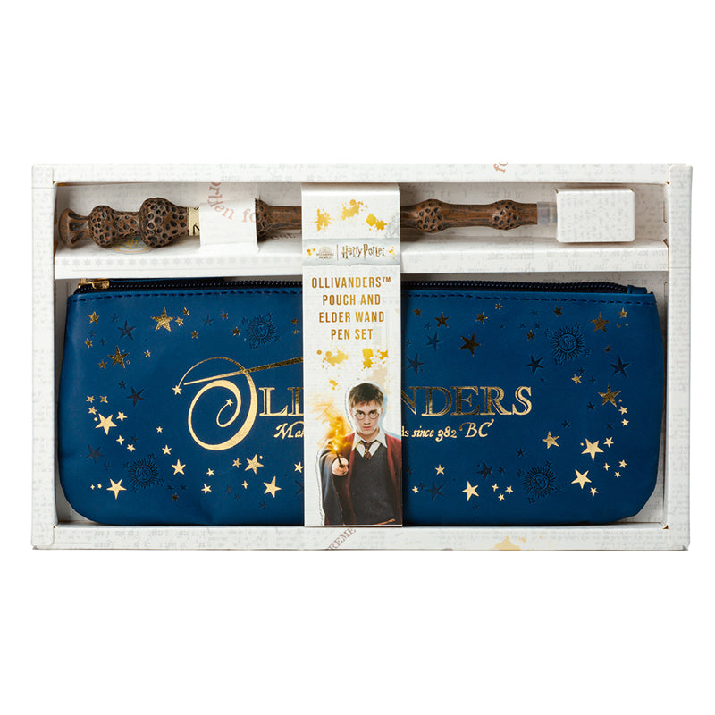 Harry Potter Ollivanders pouch and Elder Wand pen set with Harry Potter-themed designs and magical details.