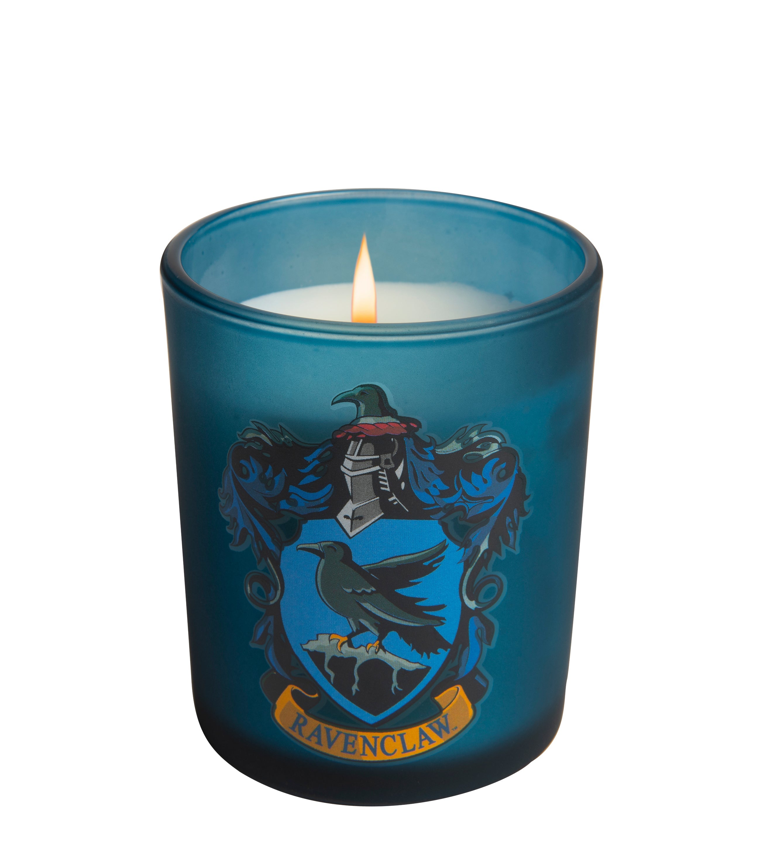 Ravenclaw glass votive candle from Harry Potter home goods collection by Insight Editions, featuring house emblem and blue glass.