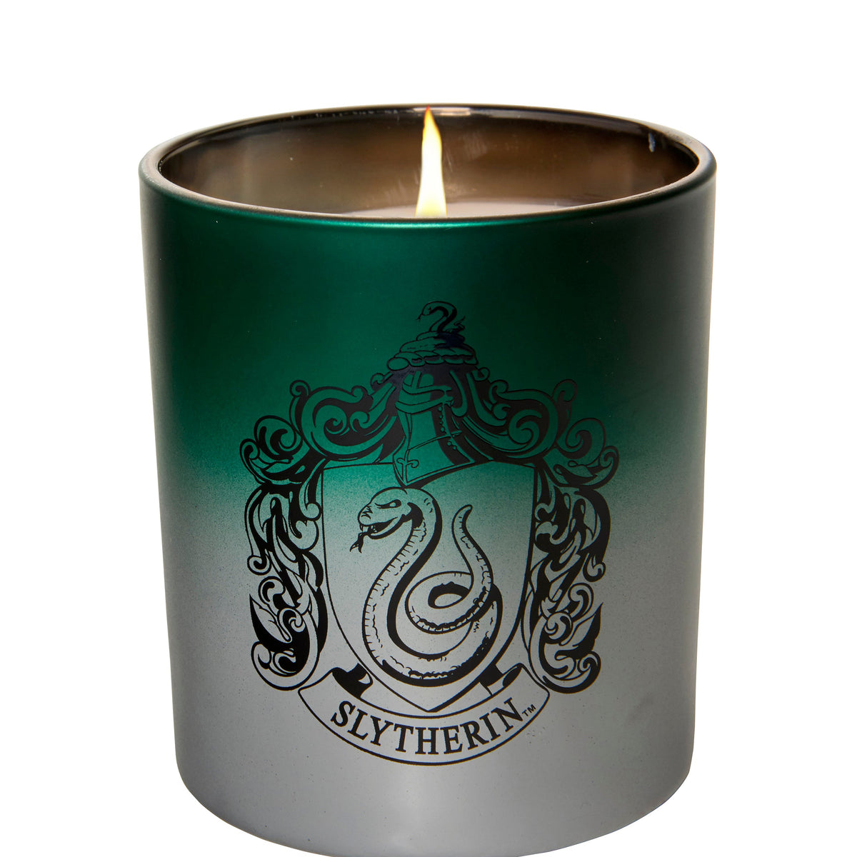 Slytherin glass candle from Harry Potter home goods collection by Insight Editions, featuring green Slytherin emblem on clear glass.