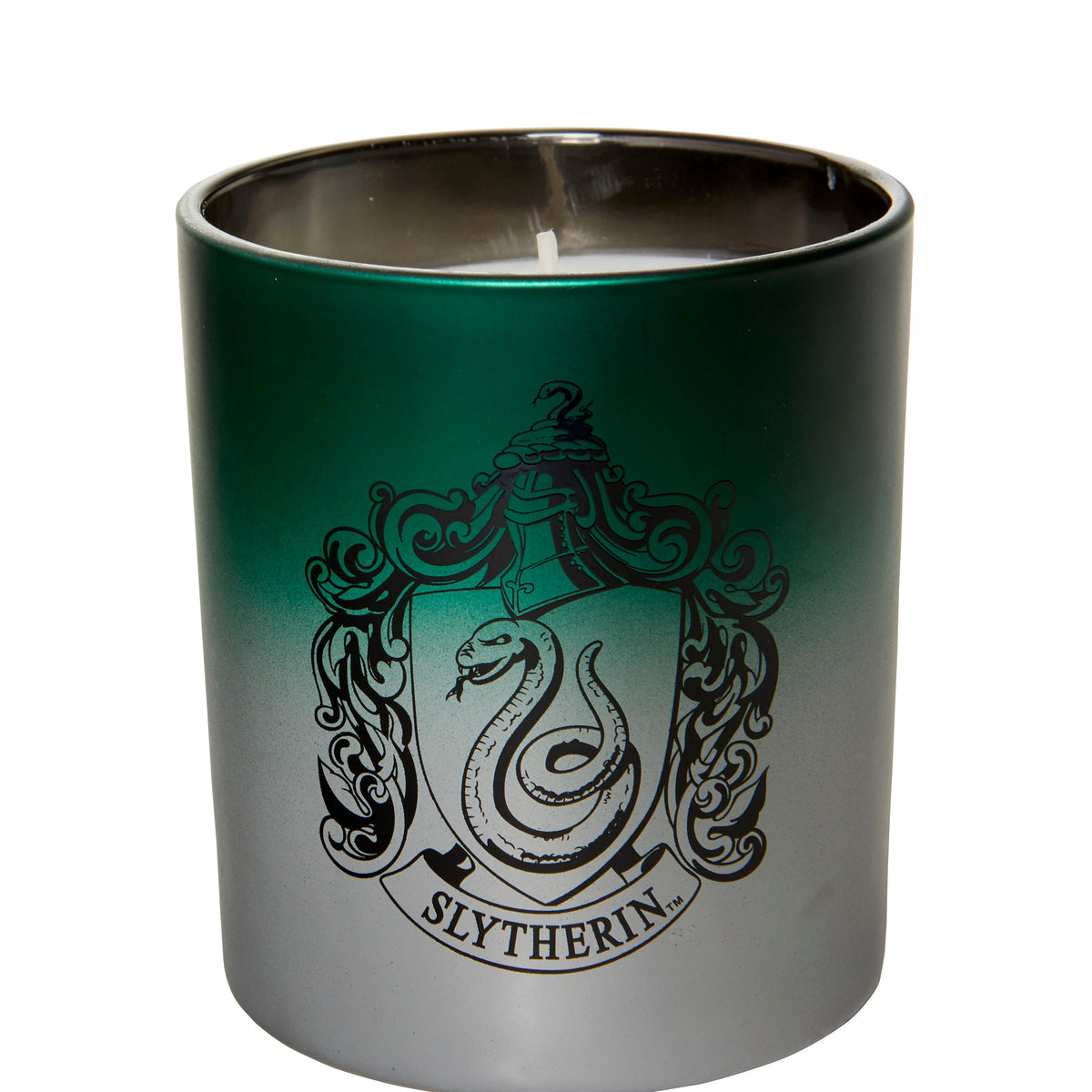 Slytherin glass candle from Harry Potter home goods collection by Insight Editions, featuring a green Slytherin emblem on clear glass.