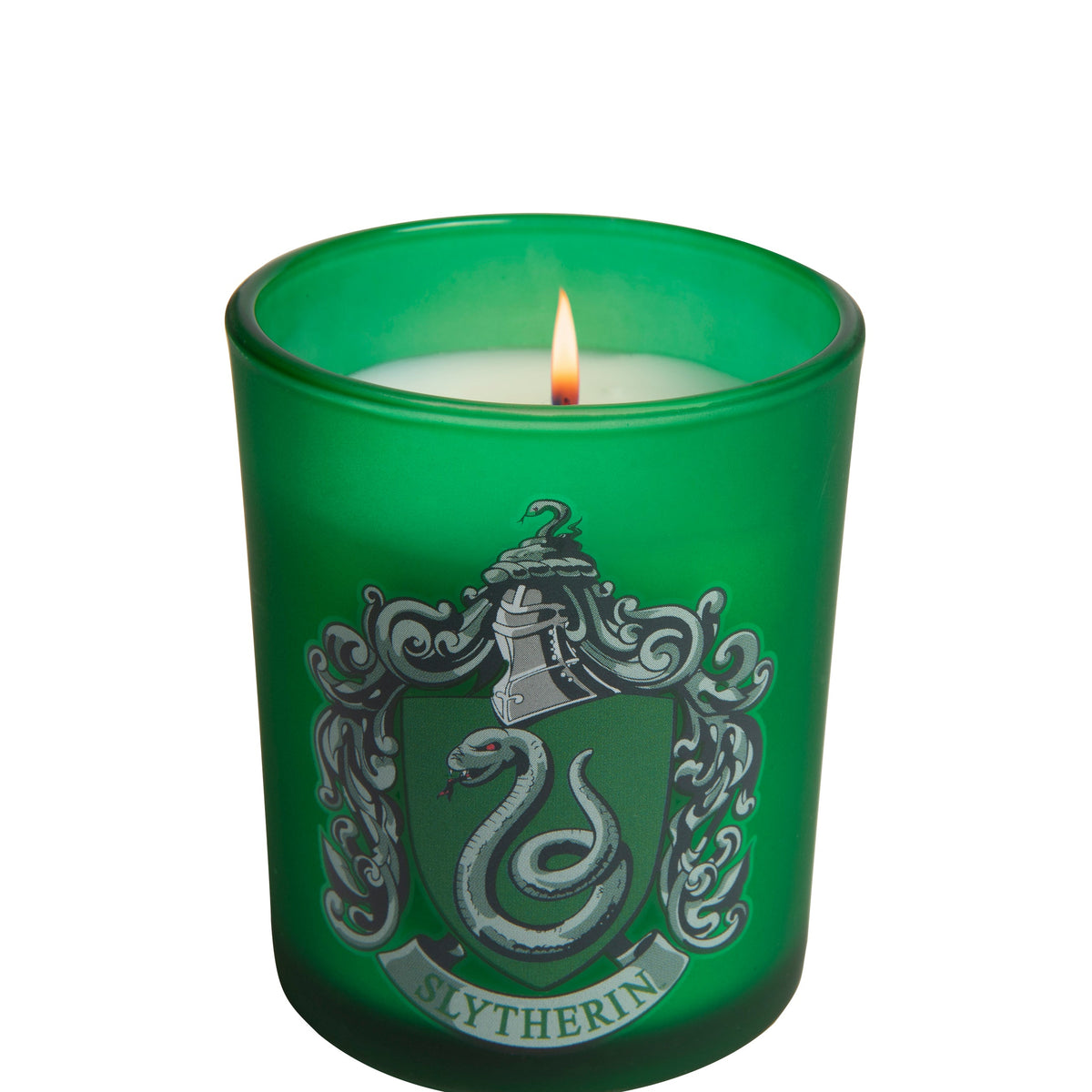 Slytherin glass votive candle from Harry Potter collection by Insight Editions, featuring house emblem on clear candle holder.