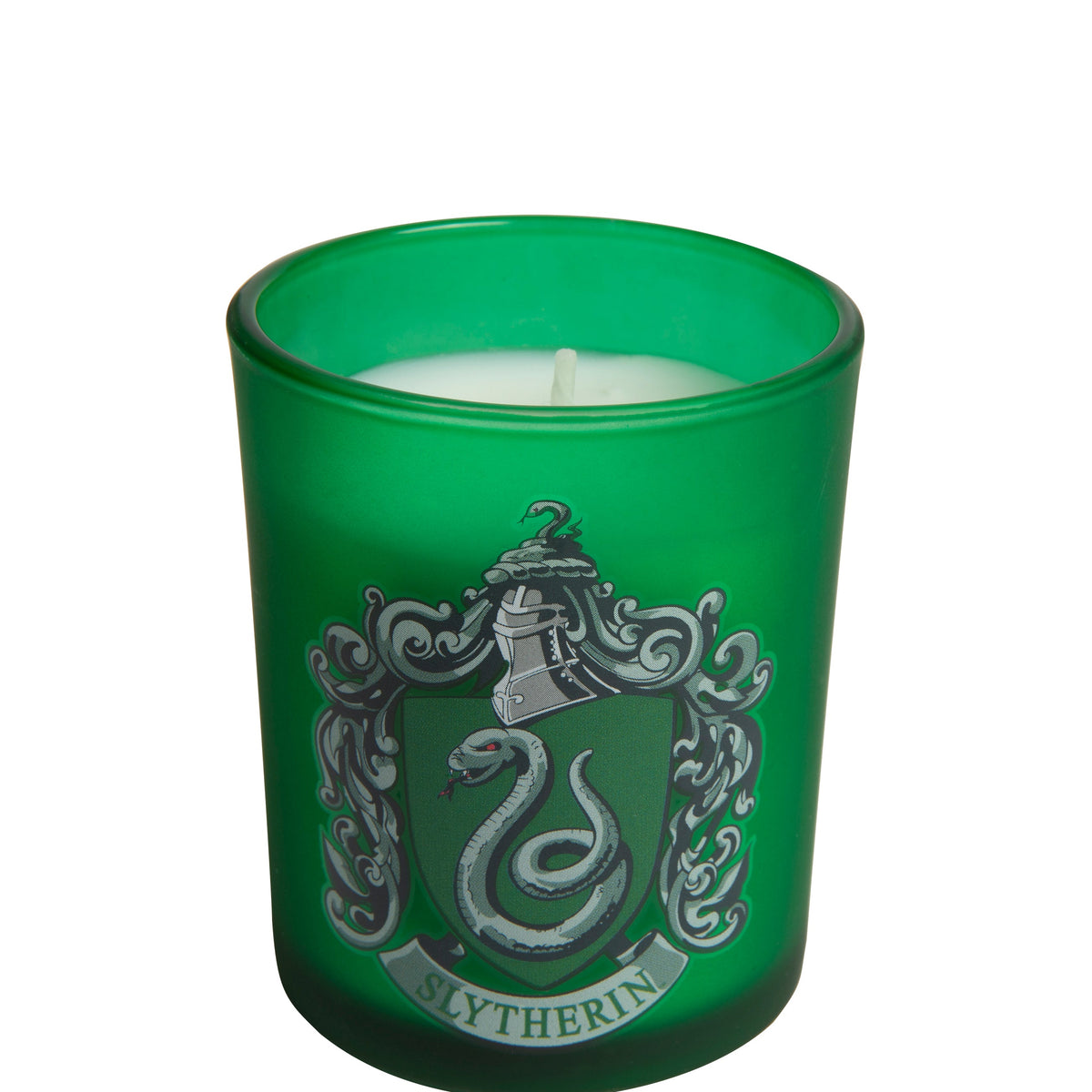 Slytherin glass votive candle from Harry Potter home goods collection by Insight Editions, featuring Slytherin emblem design.